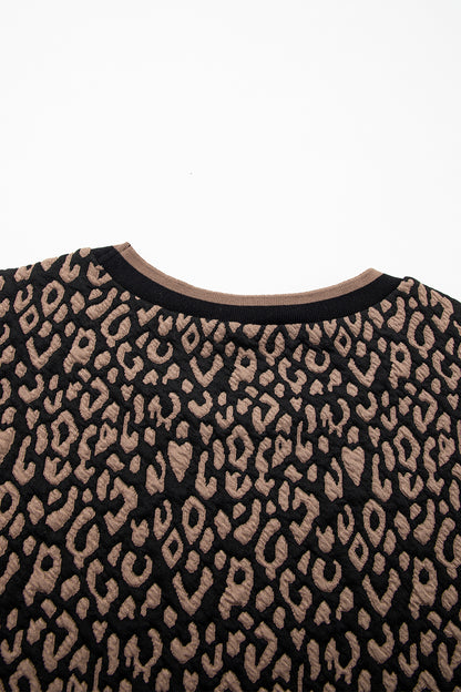 Black Leopard Print Puffy Bracelet Sleeve Contrast Trim Round Neck Top