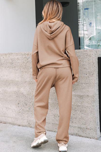 Lace Drawstring Pullover Hoodie and High Waist Pants Corduroy Suit