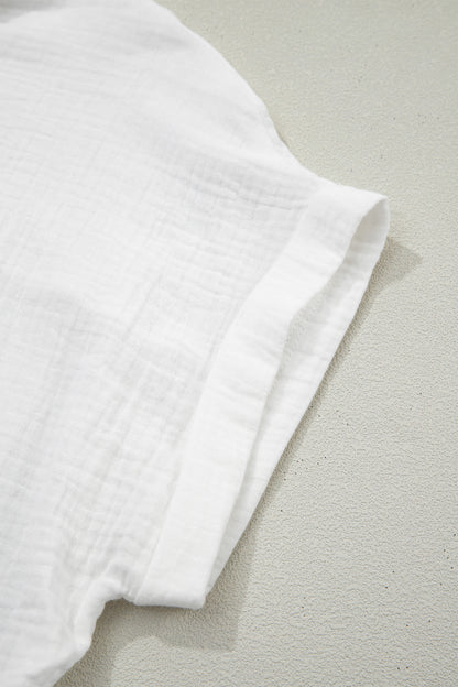 White Lace Trim Cuffed Short Sleeve Textured Shirt