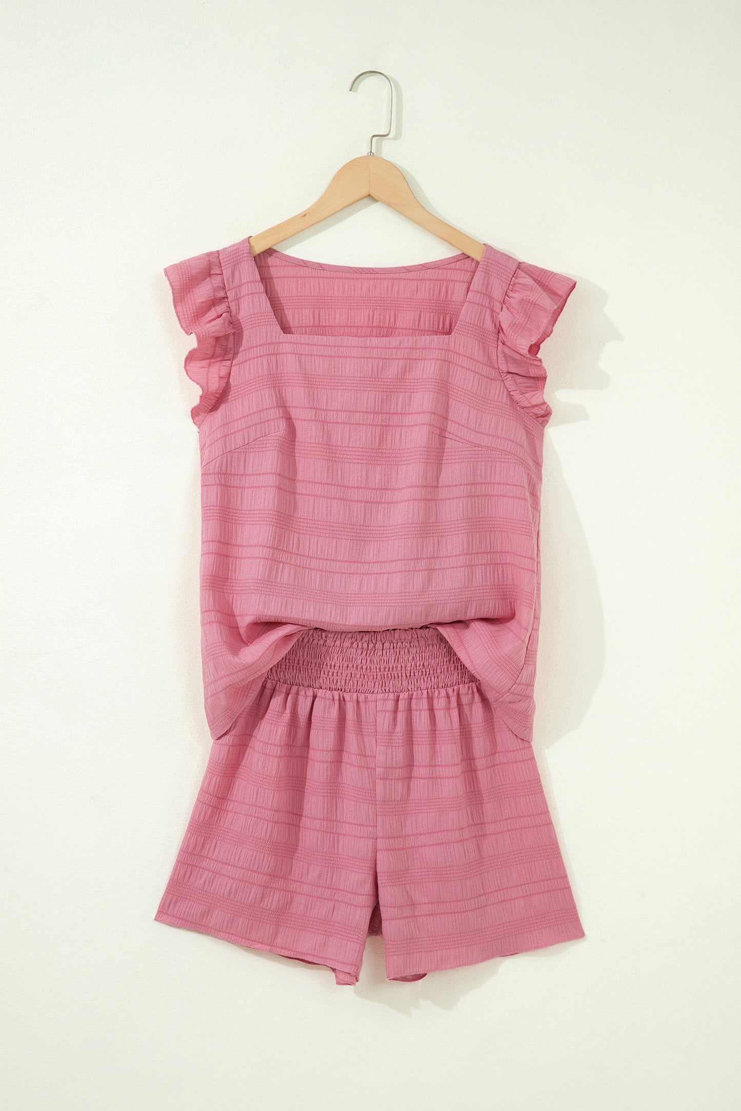 Textured Square Neck Top and Shirred High Waist Shorts Set