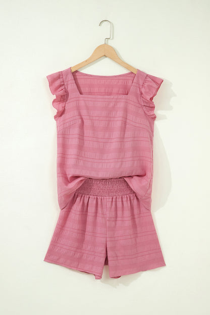 Textured Square Neck Top and Shirred High Waist Shorts Set