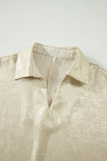 Collared V Neck Half Sleeve Metallic Top