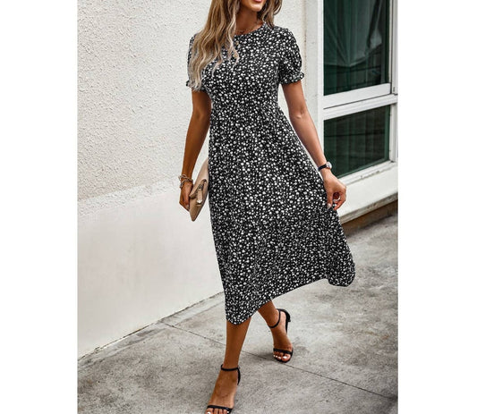 Floral Print Round Neck Color Block High Waist Fit Dress | Dress - Women's | Dress, LK, midi dress | Elings