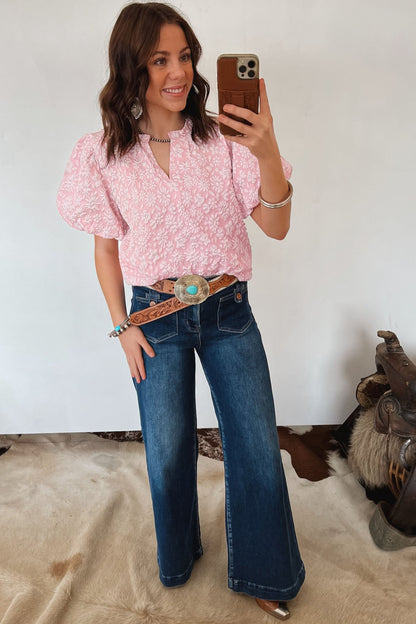 Floral Textured Jacquard Puff Sleeve Blouse