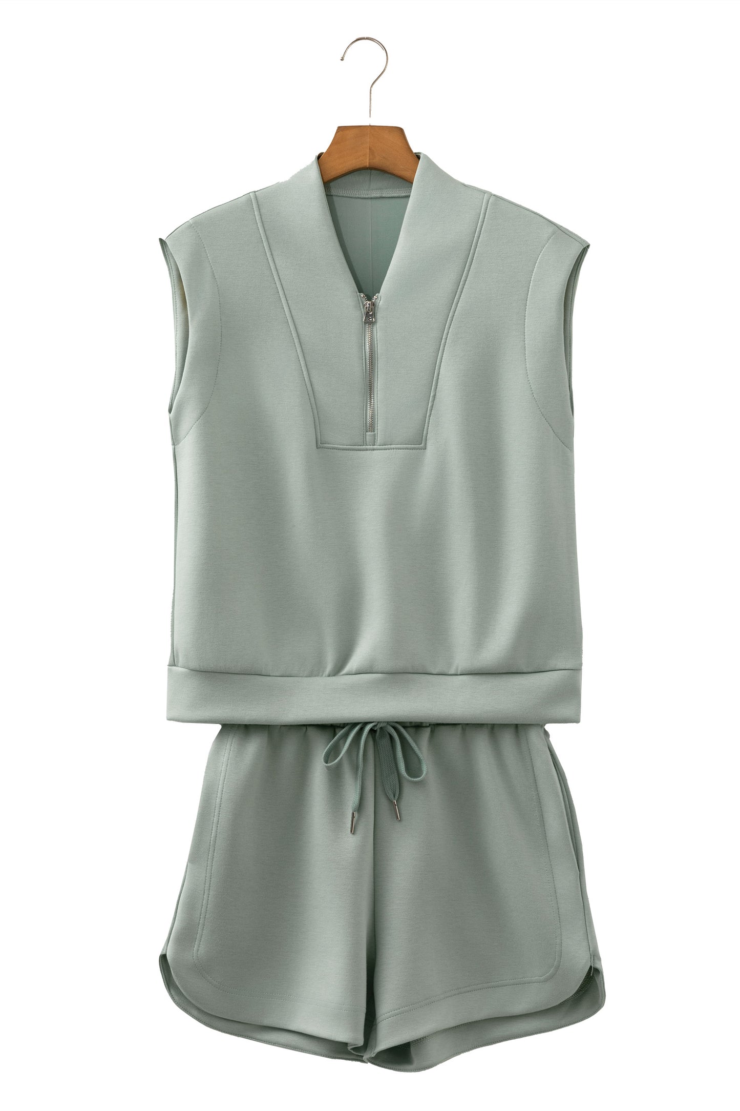 Quarter Zip Sleeveless Top Drawstring Shorts Casual 2pcs Outfit