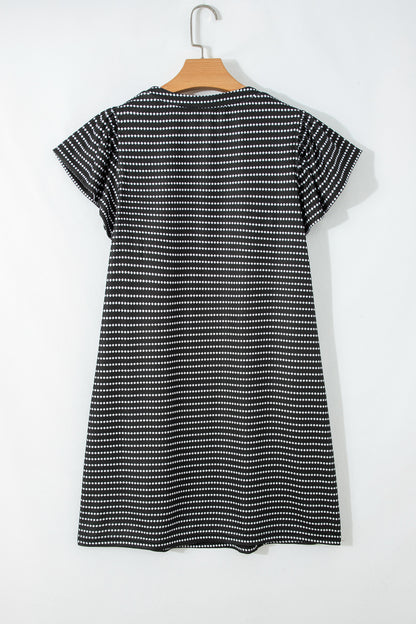 Blue Stripe Textured Knit V Neck Flutter Sleeve Shift Mini Dress