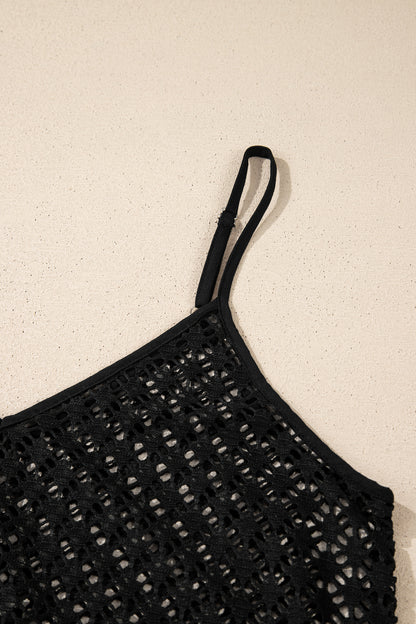 Black See Through Patterned Knit Ruffle Hem Patchwork Beach Cover Up
