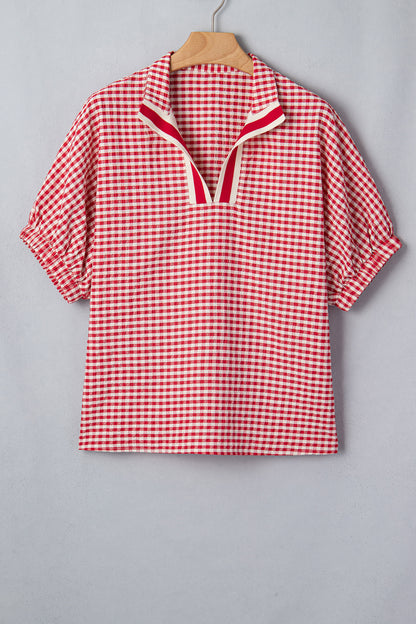 Plaid Short Sleeve Colorblock Trim Split Neck Blouse