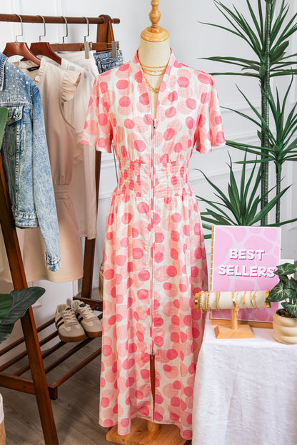 Pink Polka Dot Printed Ruffle Short Sleeve Zip Up Long Dress