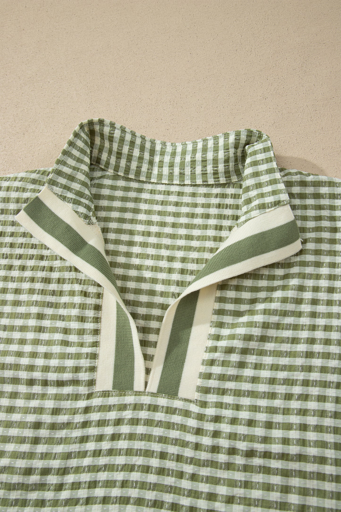 Plaid Short Sleeve Colorblock Trim Split Neck Blouse