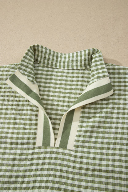 Plaid Short Sleeve Colorblock Trim Split Neck Blouse