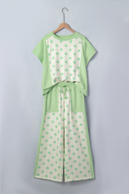 Color Block Patchwork Polka Dot Wide Leg Pant Set