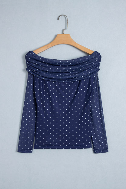 Blue Off Shoulder Polka Dot Mesh Long Sleeve Sheath Top