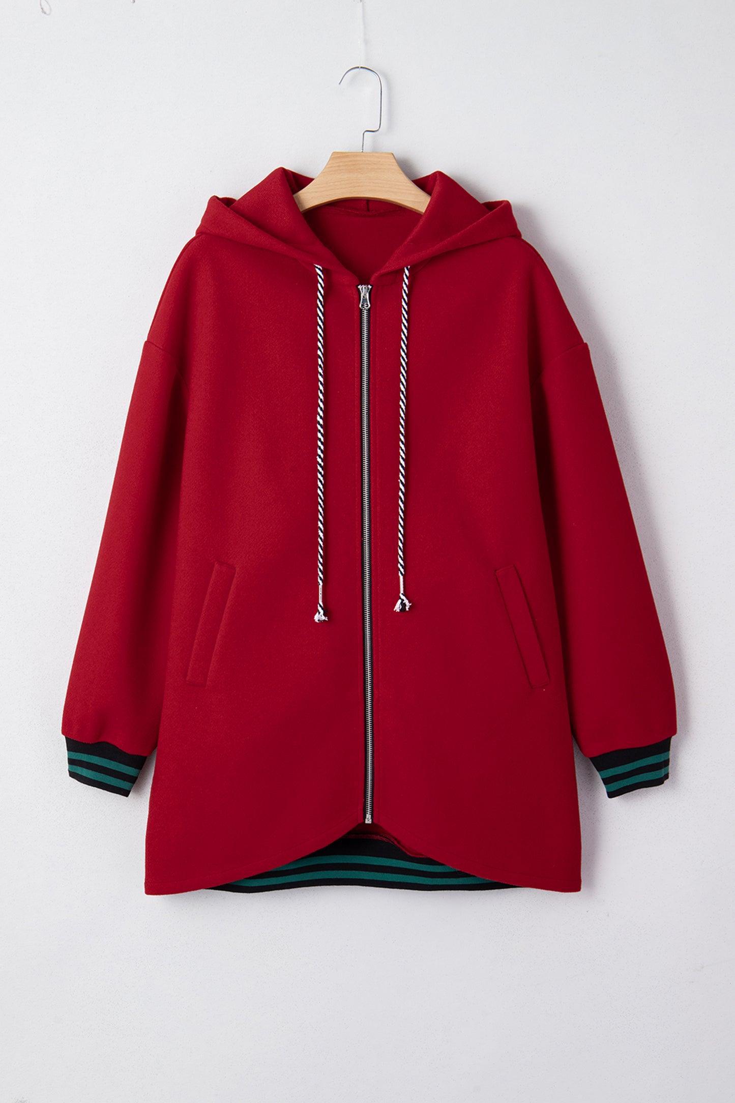 Four Leaf Clover Contrast Cuffed Drop Shoulder Zip up Tunic Hoodie