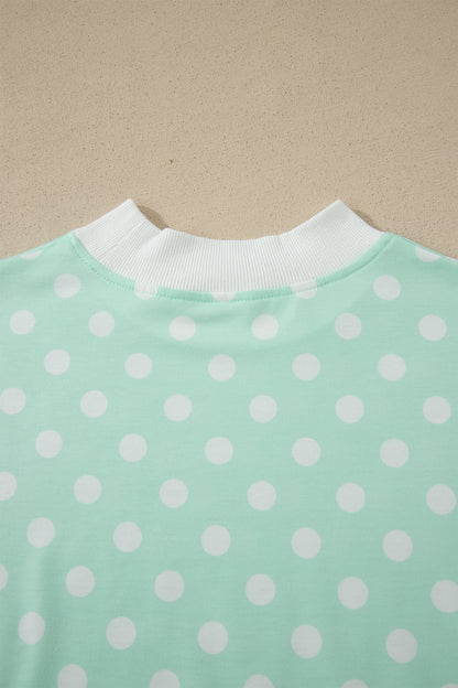 Polka Dot Print Color Block Trim Mock Neck Short Set