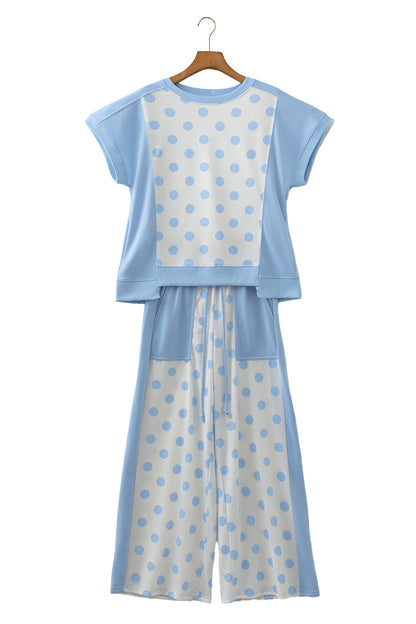 Color Block Patchwork Polka Dot Wide Leg Pant Set