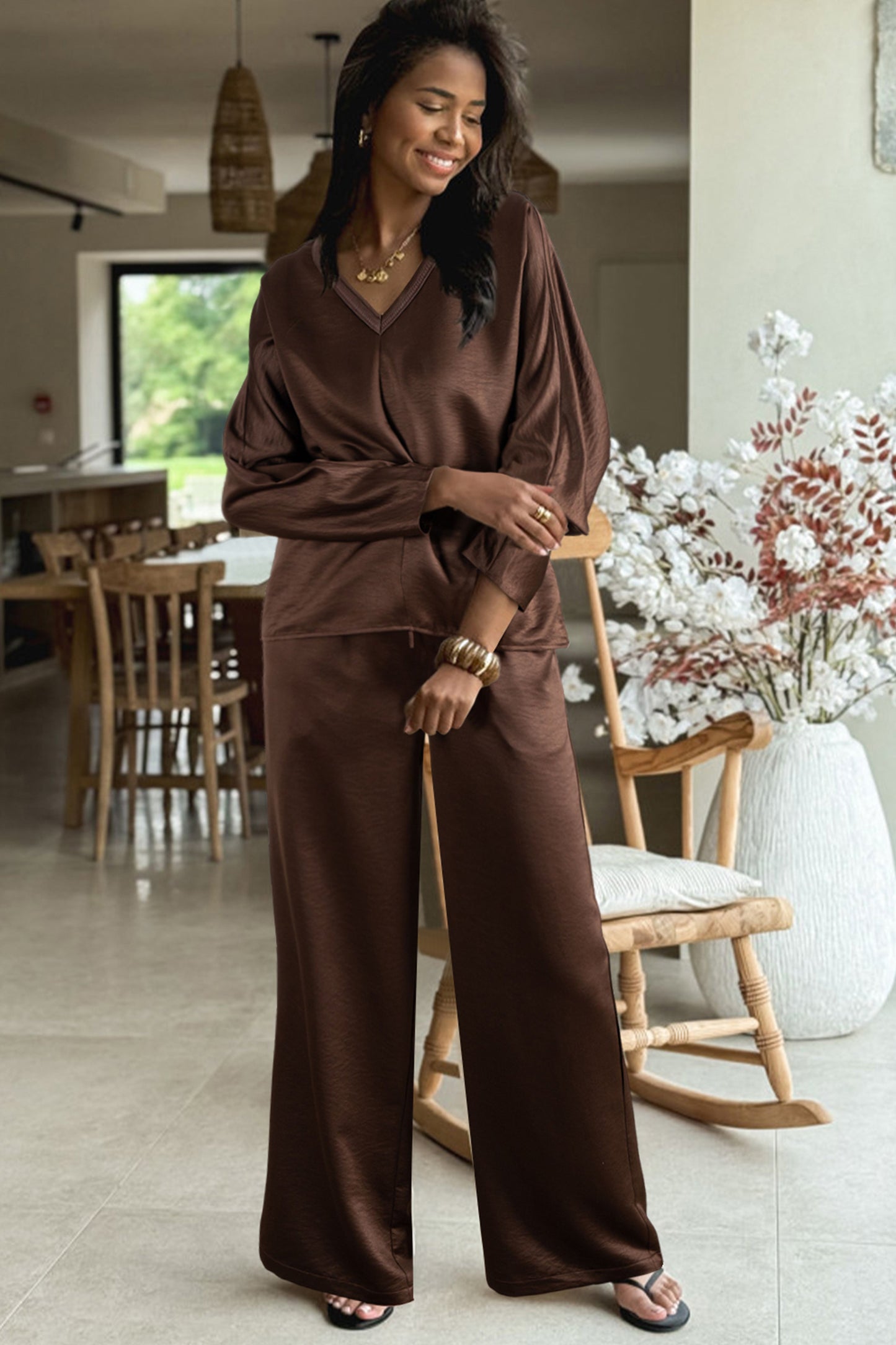 Dark Brown Braided V Neck Long Sleeve Loose Top and Drawstring High Waist Pants 2pcs Outfit