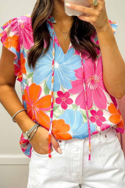 Multicolour Vibrant Flower Printed Tie V Neck Ruffle Trim Sleeveless Blouse