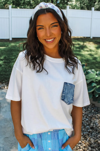 Color Block Chest Pocket Patched Casual Short Sleeve Top