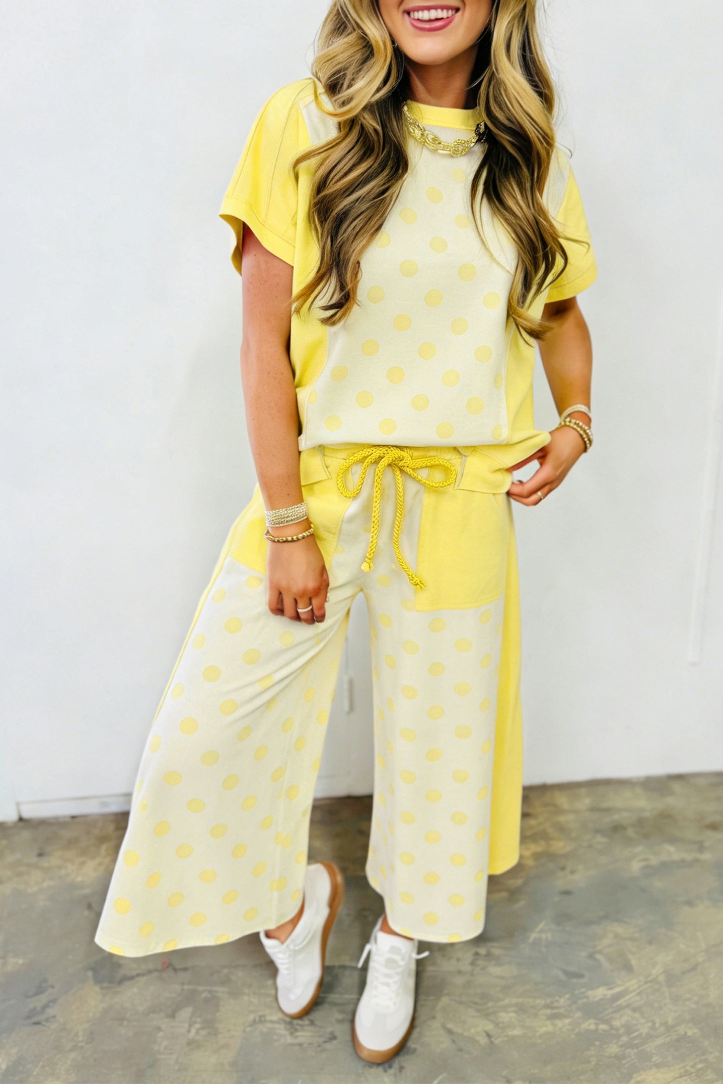 Color Block Patchwork Polka Dot Wide Leg Pant Set