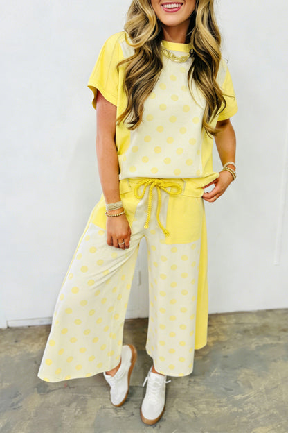 Color Block Patchwork Polka Dot Wide Leg Pant Set
