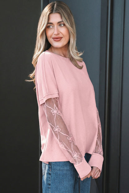 Solid Color Bow Textured Patchwork Long Sleeve Tee