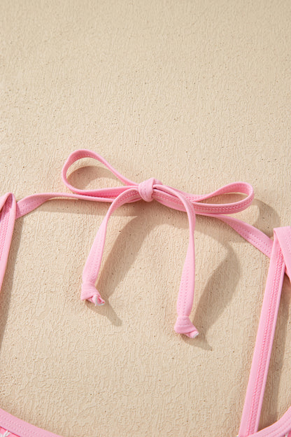 Pink Corded Flower Texture Spaghetti Straps Halterneck One Piece Swimsuit