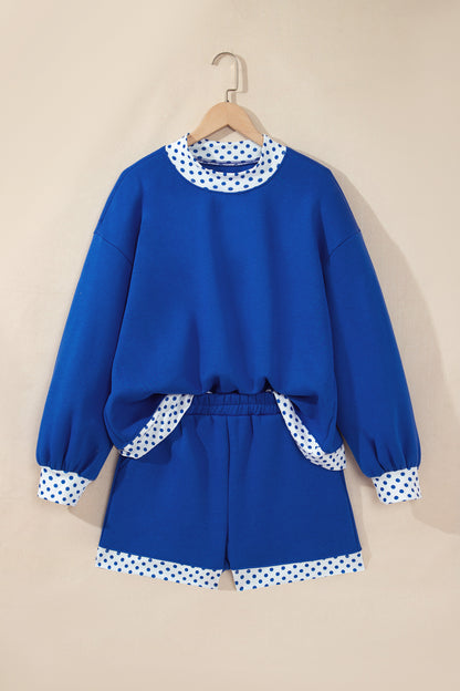Polka Dot Trim Baggy Pullover 2pcs Short Set