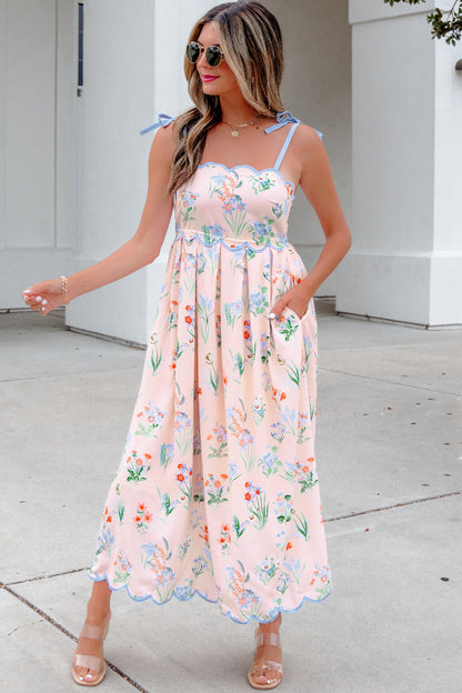 Floral Print Contrast Trim Self-tie Straps High Waist Midi Dress