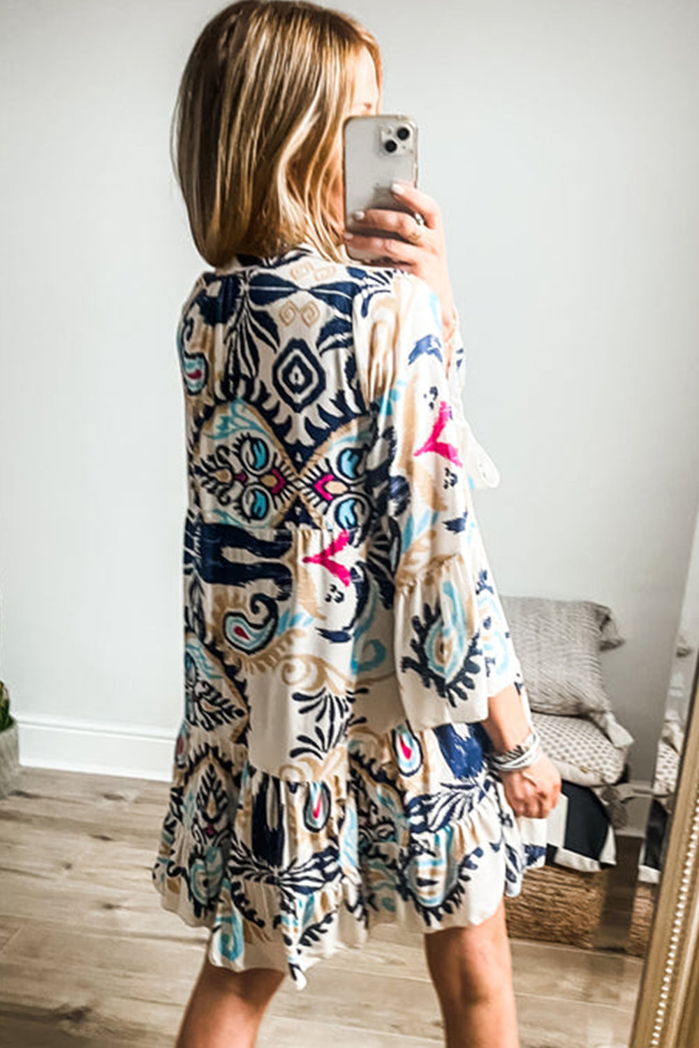 Printed Tribal Bracelet Sleeve Buttoned Mini Dress