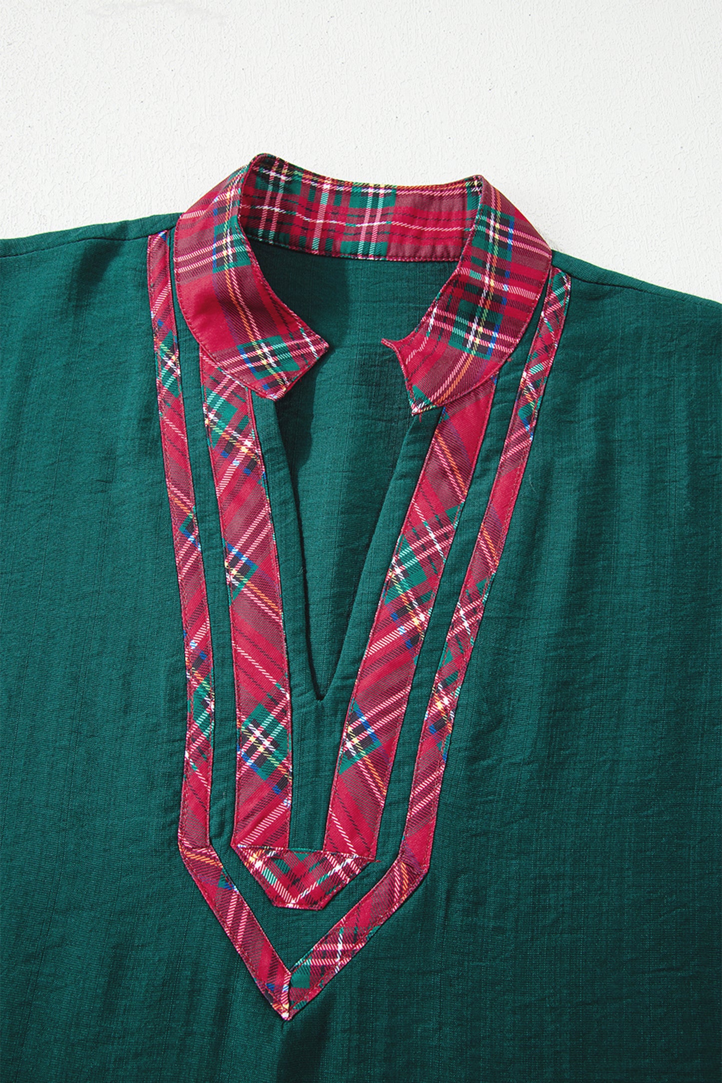 Evergreen Contrast Plaid Patchwork V Neck Half Sleeve Blouse