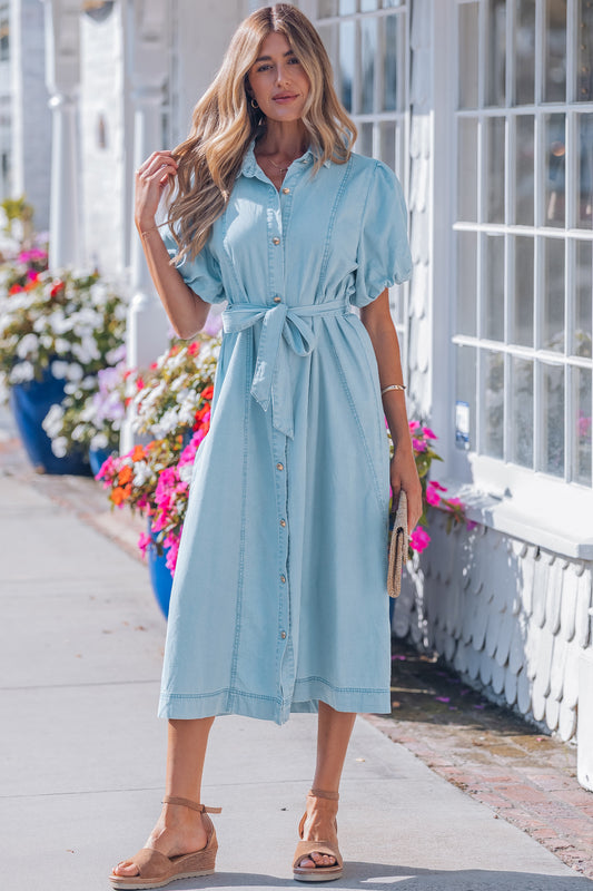 Full Buttons Collared Short Bubble Sleeve Long Denim Dress