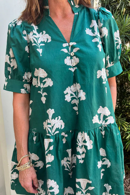 Frilled V Neck Puff Short Sleeve Floral Mini Dress