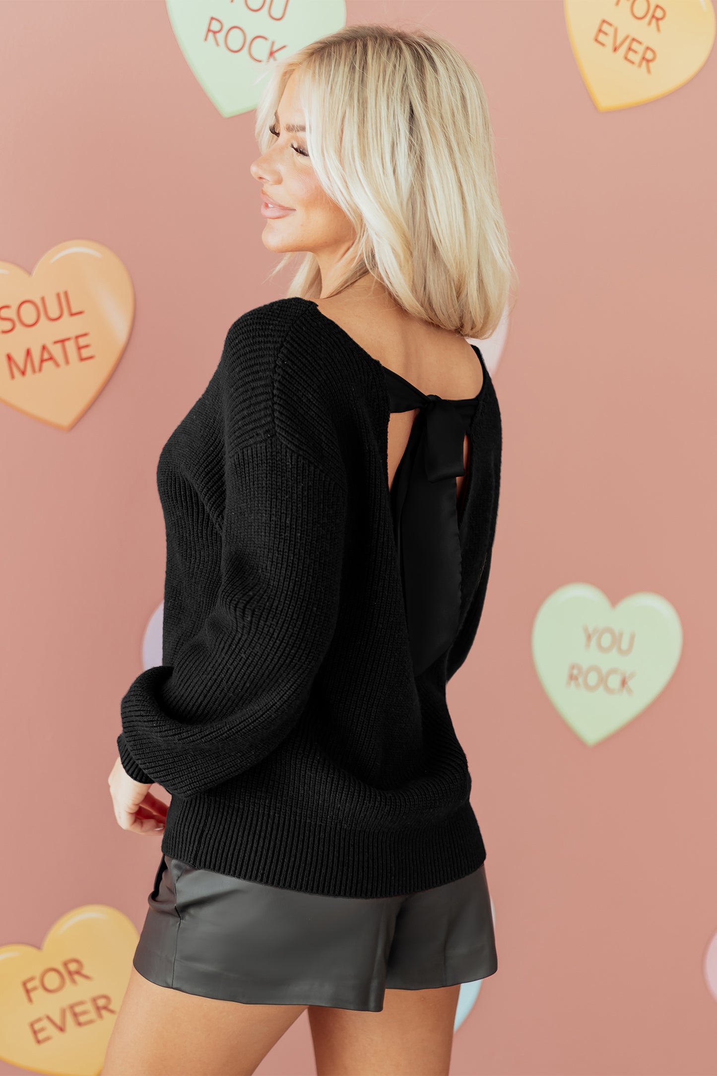 Black Ribbed Knit Ribbon Knot Backless Drop Shoulder Sweater