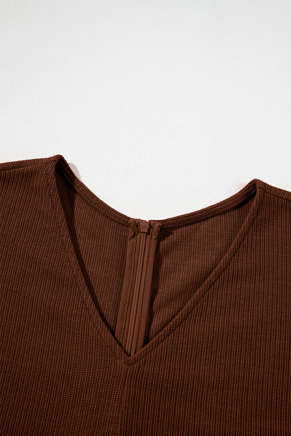 Coffee Solid Color Knit V Neck Zipped Loose Romper