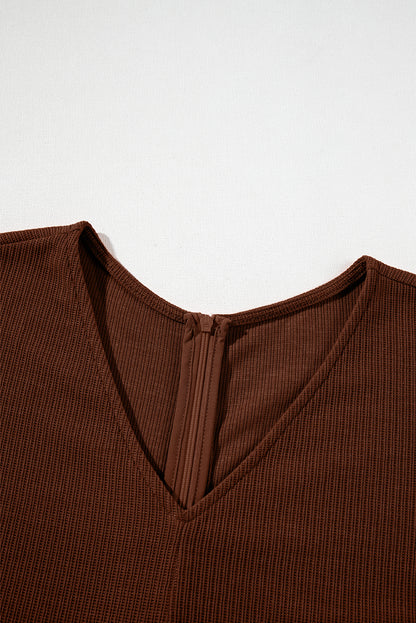 Coffee Solid Color Knit V Neck Zipped Loose Romper