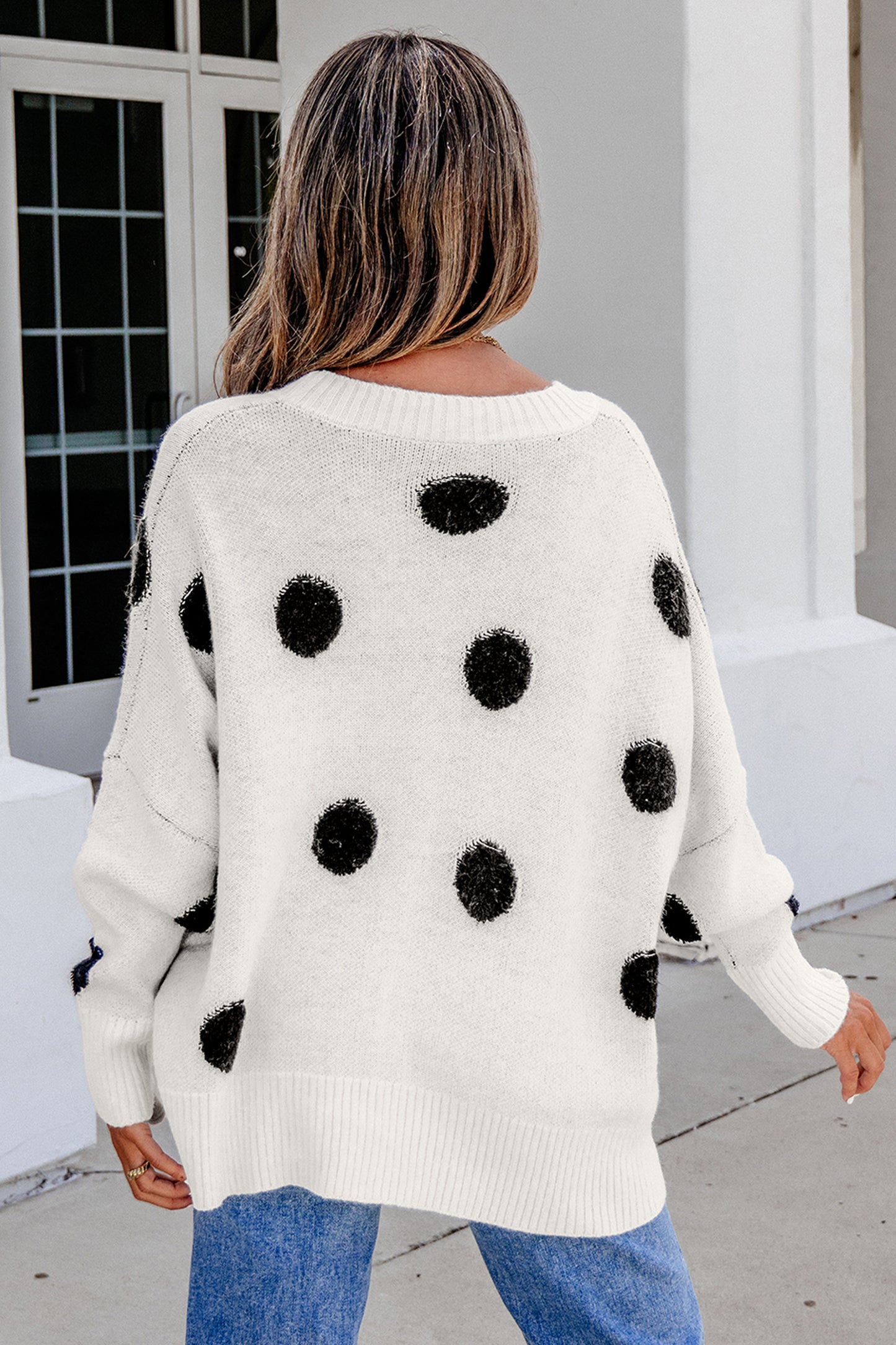 Polka Dot Button Front Oversized V Neck Cardigan