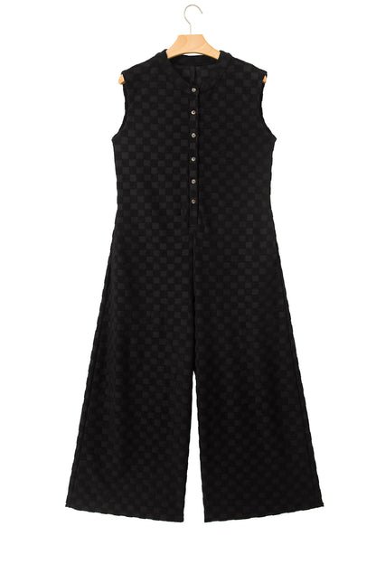 Half Buttons Sleeveless Wide Leg Textured Jumpsuit