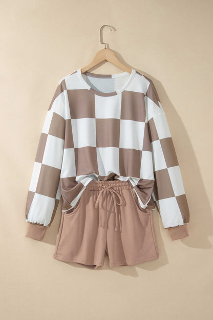 Checkerboard Plaid Long Sleeve Solid Color Shorts 2pcs Set