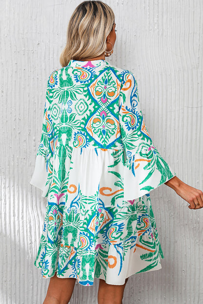 Printed Tribal Bracelet Sleeve Buttoned Mini Dress