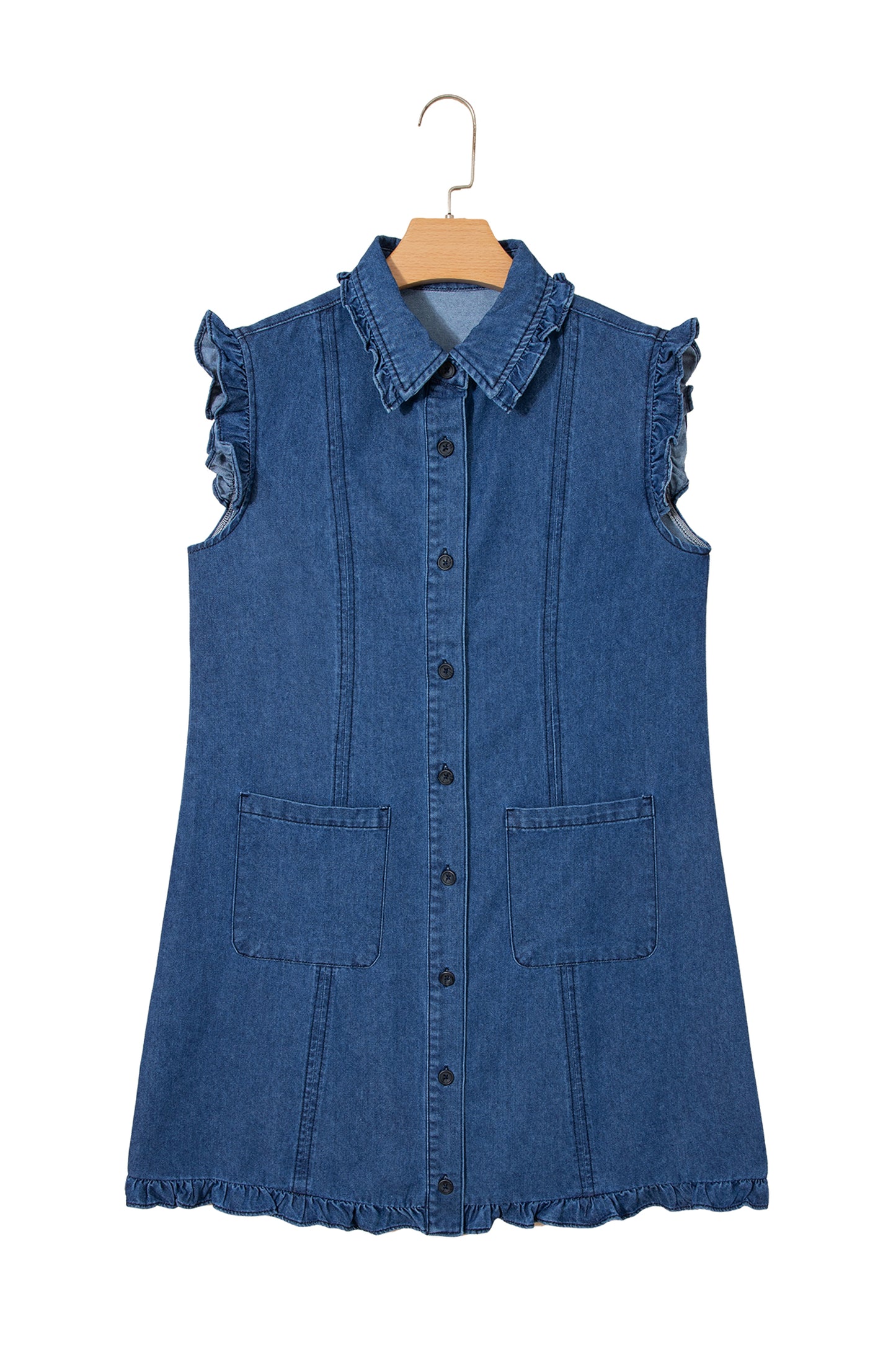 Ruffled Edge Collared Shift Denim Dress with Pockets