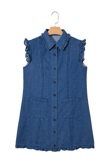 Ruffled Edge Collared Shift Denim Dress with Pockets