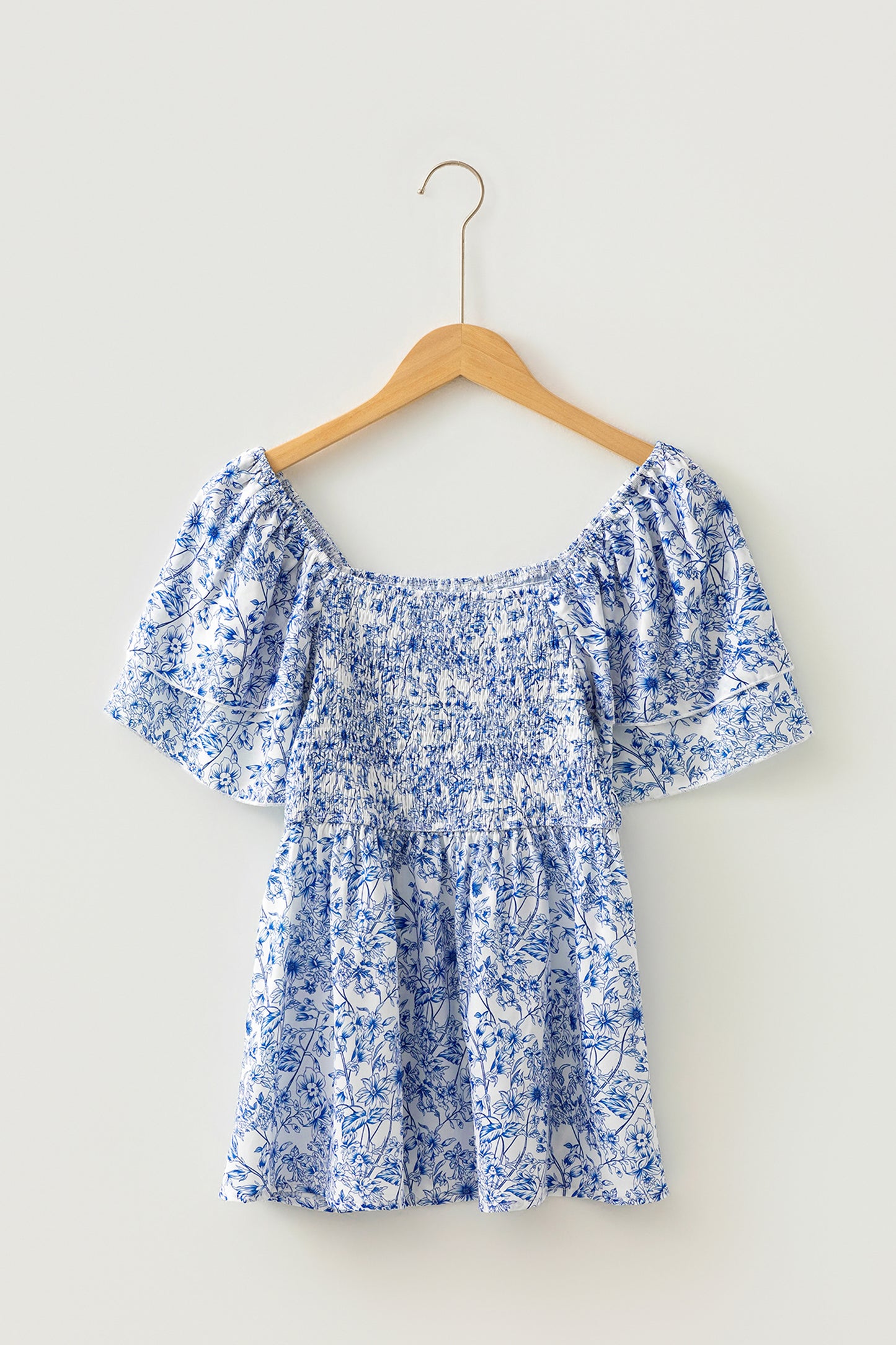 Floral Print Square Neck Ruffled Sleeve Shirred Babydoll Blouse