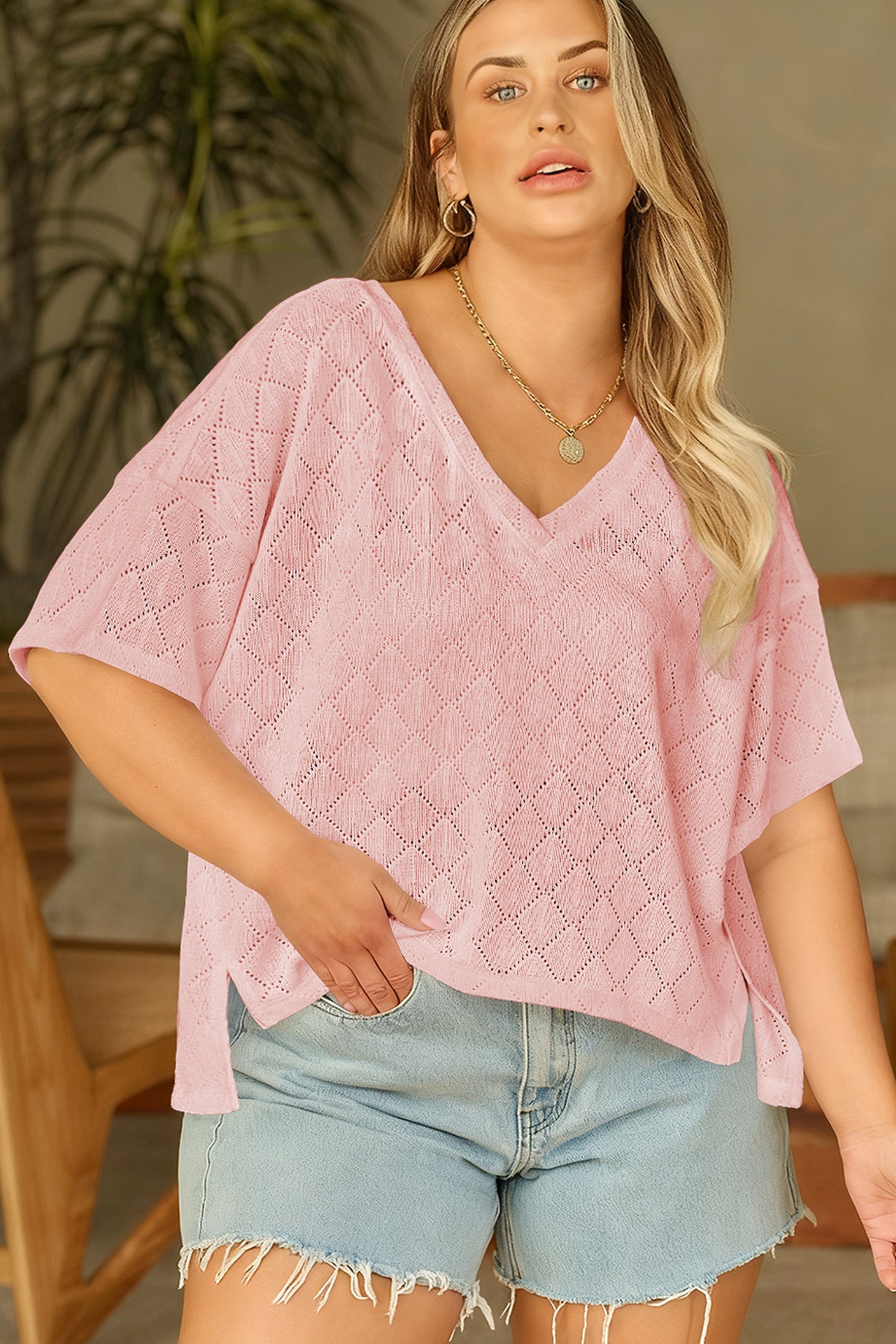 Golden Fleece Pointelle Rhombus Knit Plus Size V Neck Loose Top