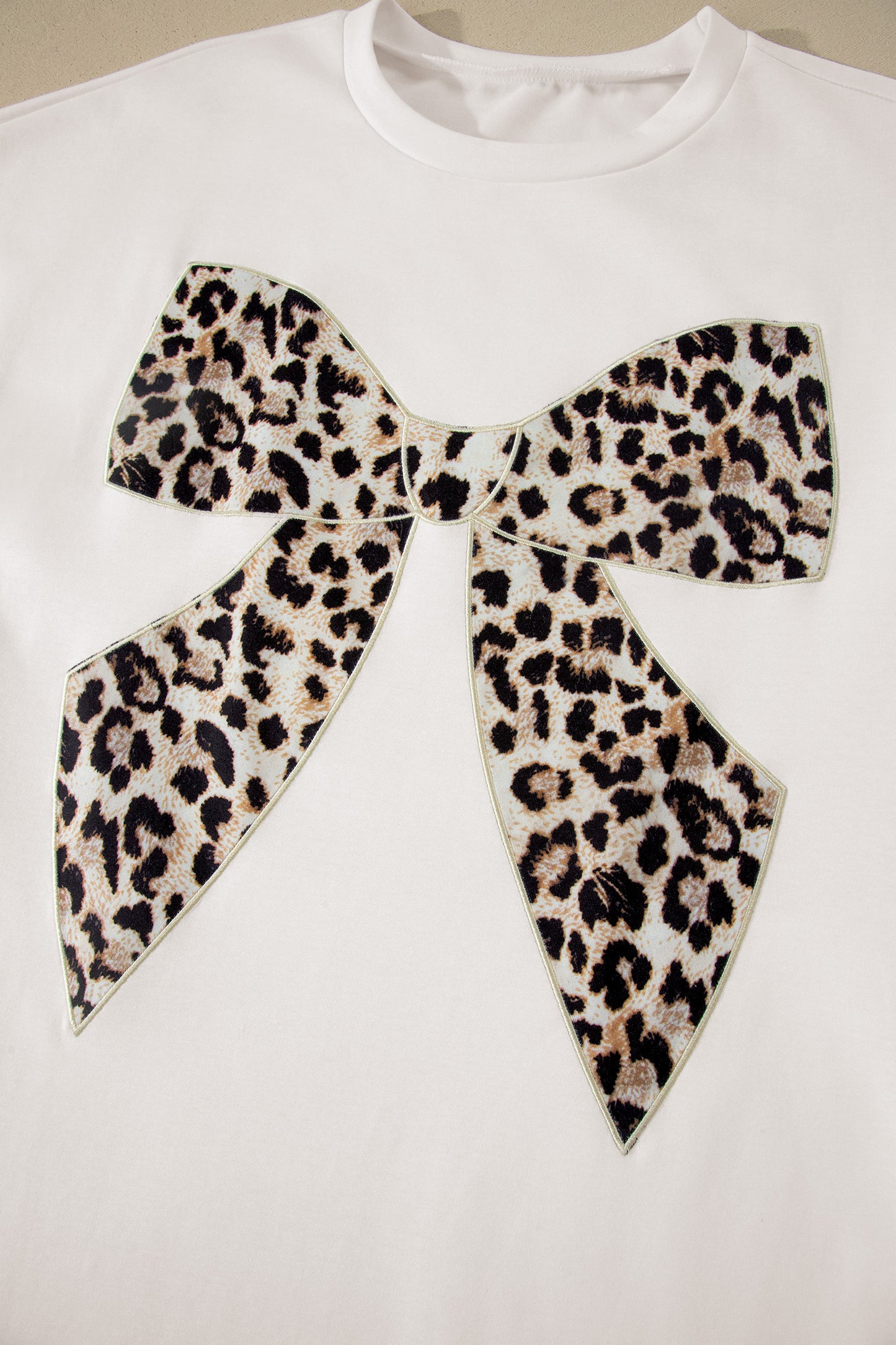 Contrast Leopard Bow Patched Short Sleeve T Shirt Long Dress
