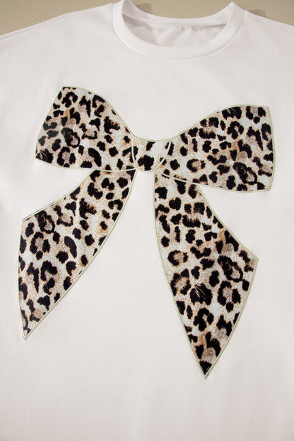 Contrast Leopard Bow Patched Short Sleeve T Shirt Long Dress