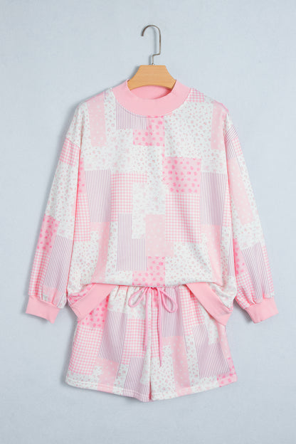 Patchwork Floral Print Drop Shoulder Baggy Pullover Drawstring Shorts Set