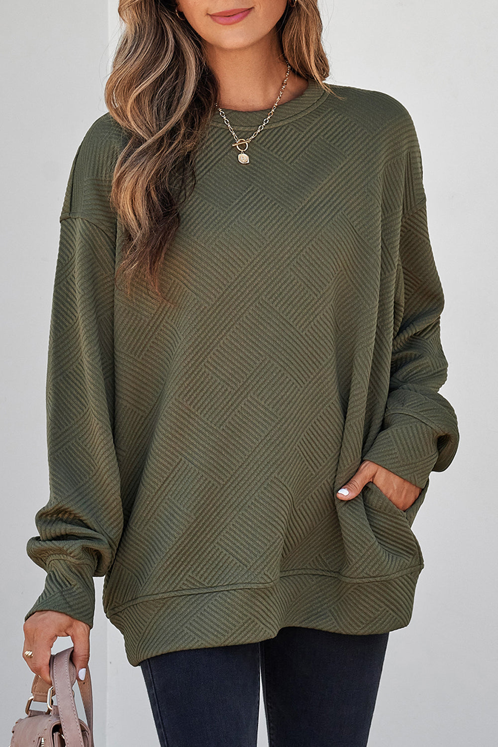 Solid Color Textured Round Neck Drop Shoulder Pullover Sweatshirt