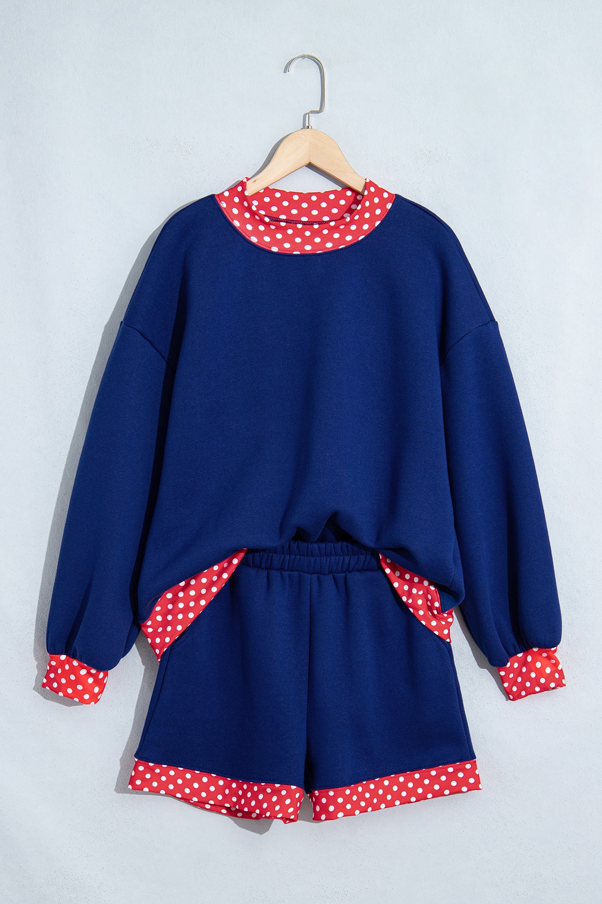 Polka Dot Trim Baggy Pullover 2pcs Short Set