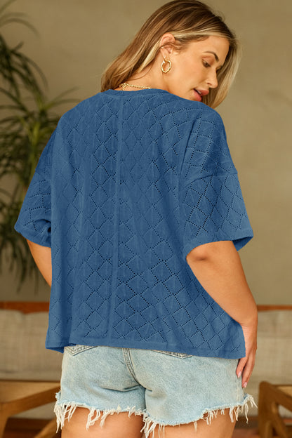 Golden Fleece Pointelle Rhombus Knit Plus Size V Neck Loose Top